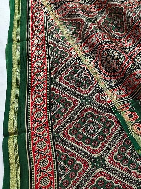 Indiehaat | Chanderi Silk Ajrakh Print Saree Green