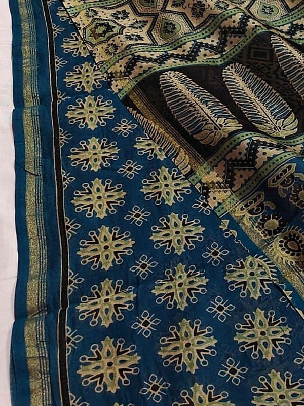 Indiehaat | Chanderi Silk Ajrakh Print Saree Blue