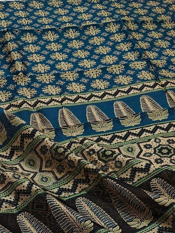 Indiehaat | Chanderi Silk Ajrakh Print Saree Blue