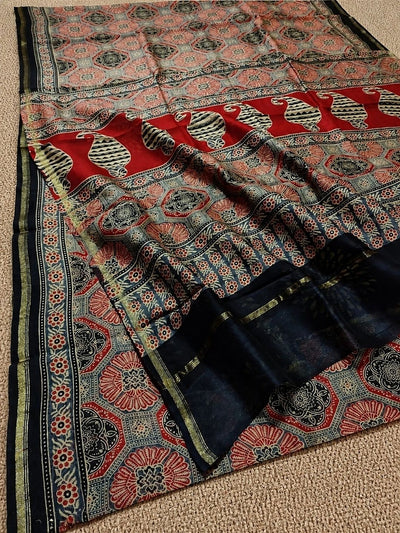 Indiehaat | Chanderi Silk Ajrakh Print Saree Red