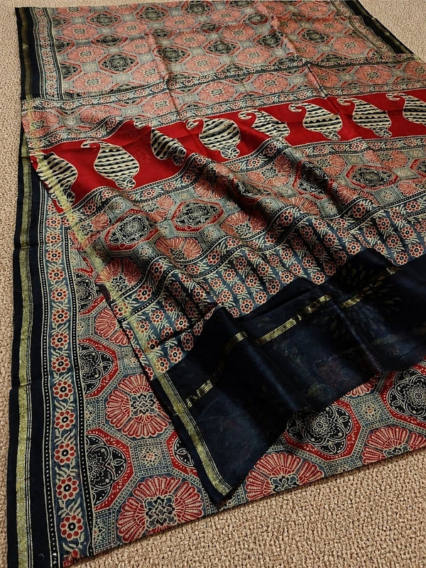 Indiehaat | Chanderi Silk Ajrakh Print Saree Red