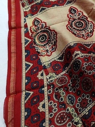 Indiehaat | Chanderi Silk Ajrakh Print Saree Brown