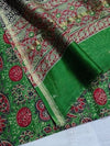 Indiehaat | Chanderi Silk Ajrakh Print Saree Green