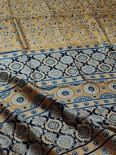 Indiehaat | Chanderi Silk Ajrakh Print Saree Yellow