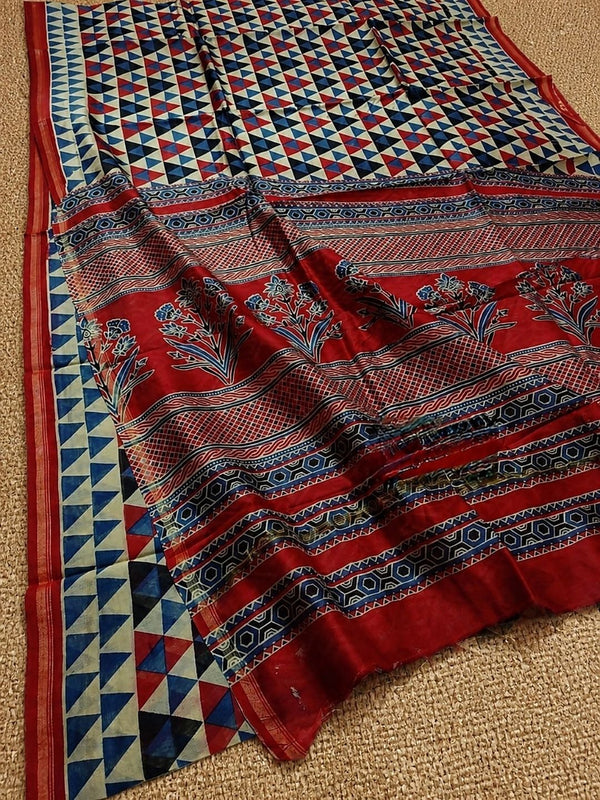 Indiehaat | Chanderi Silk Ajrakh Print Saree Beige