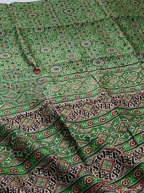 Indiehaat | Chanderi Silk Ajrakh Print Saree Green