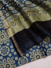Indiehaat | Chanderi Silk Ajrakh Print Saree Blue