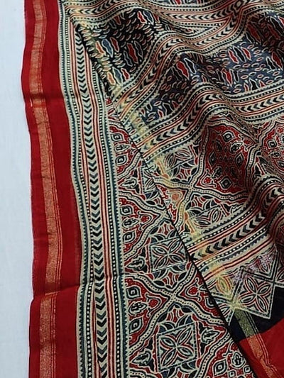 Indiehaat | Chanderi Silk Ajrakh Print Saree Multicolor