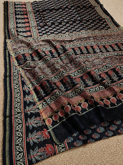 Indiehaat | Chanderi Silk Ajrakh Print Saree Black