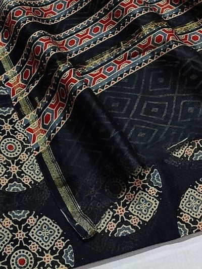 Indiehaat | Chanderi Silk Ajrakh Print Saree Black