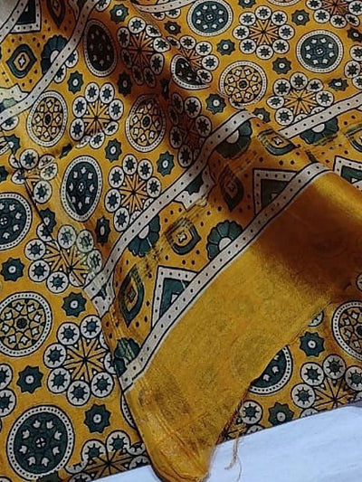 Indiehaat | Chanderi Silk Ajrakh Print Saree Yellow