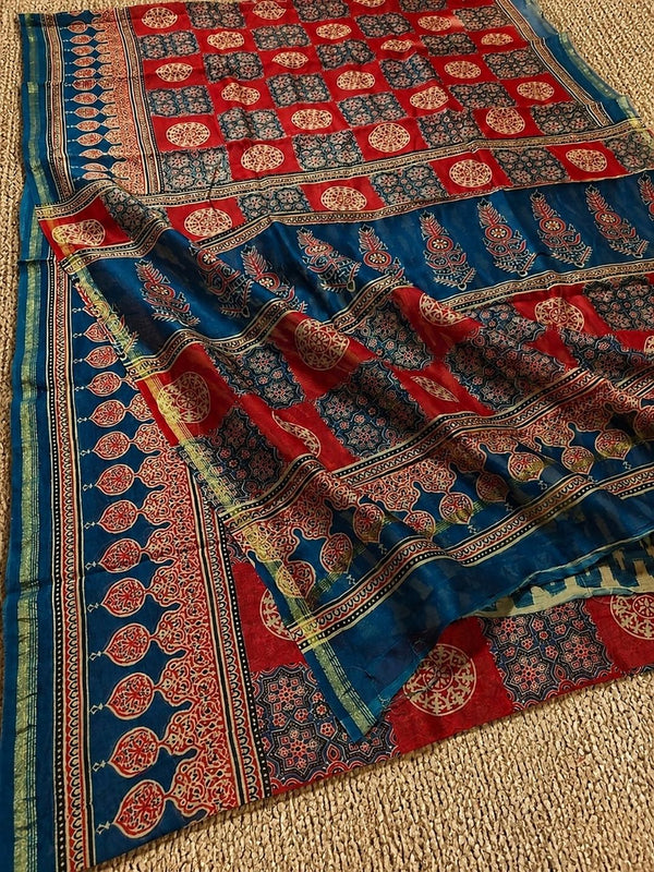 Indiehaat | Chanderi Silk Ajrakh Print Saree Red