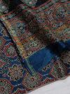 Indiehaat | Chanderi Silk Ajrakh Print Saree Blue