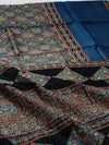 Indiehaat | Chanderi Silk Ajrakh Print Saree Blue