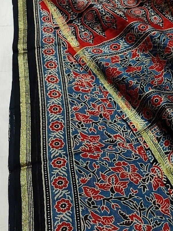 Indiehaat | Chanderi Silk Ajrakh Print Saree Multicolor