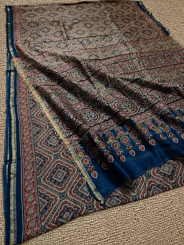 Indiehaat | Chanderi Silk Ajrakh Print Saree Multicolor