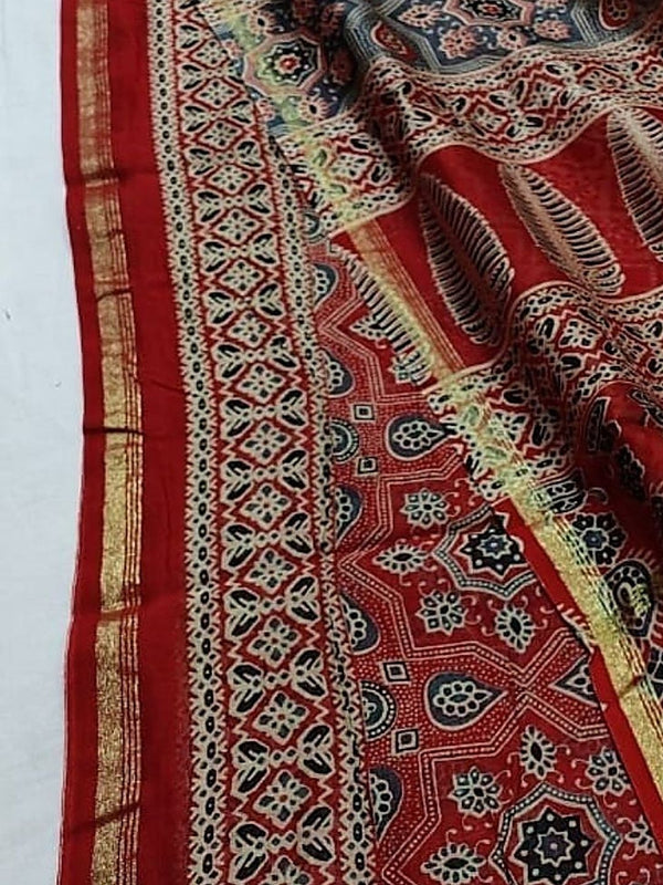 Indiehaat | Chanderi Silk Ajrakh Print Saree Red