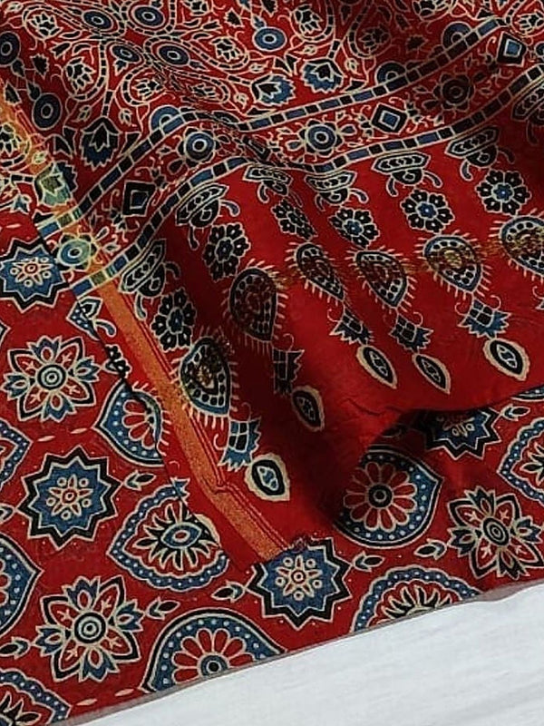 Indiehaat | Chanderi Silk Ajrakh Print Saree Red