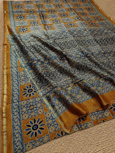 Indiehaat | Chanderi Silk Ajrakh Print Saree Yellow