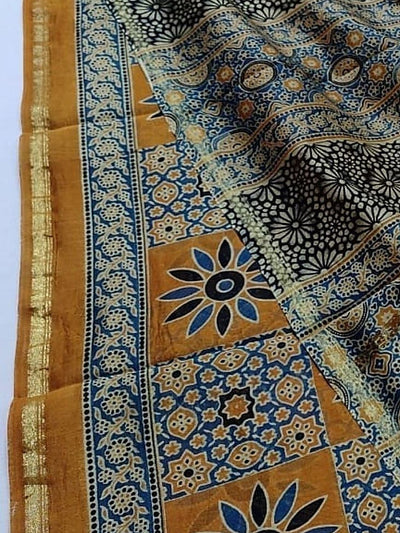 Indiehaat | Chanderi Silk Ajrakh Print Saree Yellow