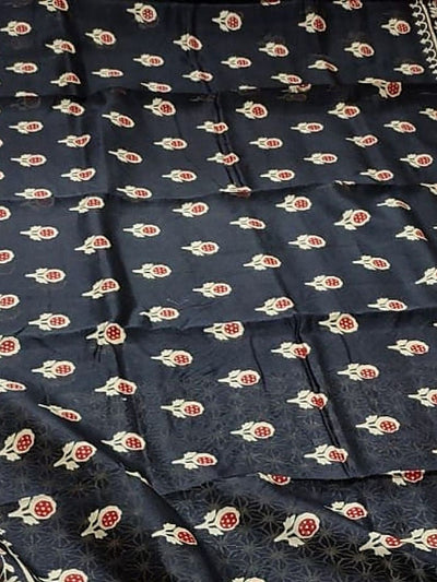 Indiehaat | Chanderi Silk Ajrakh Print Saree Black