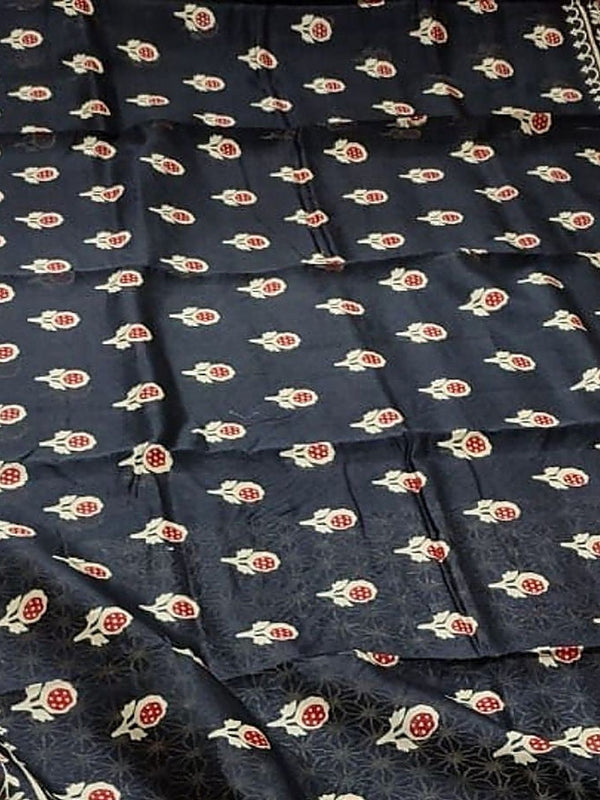 Indiehaat | Chanderi Silk Ajrakh Print Saree Black