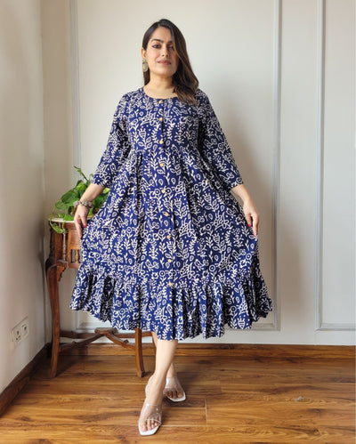 Indiehaat | Blockprinted Cotton Long Dress Blue