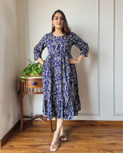 Indiehaat | Blockprinted Cotton Long Dress Blue