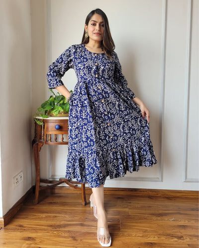 Indiehaat | Blockprinted Cotton Long Dress Blue