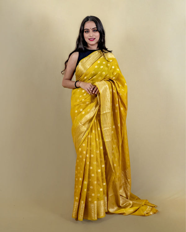 Indiehaat | Banarasi Georgette Silk Saree Yellow