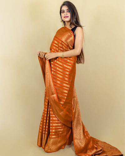 Indiehaat | Banarasi Georgette Silk Saree Orange