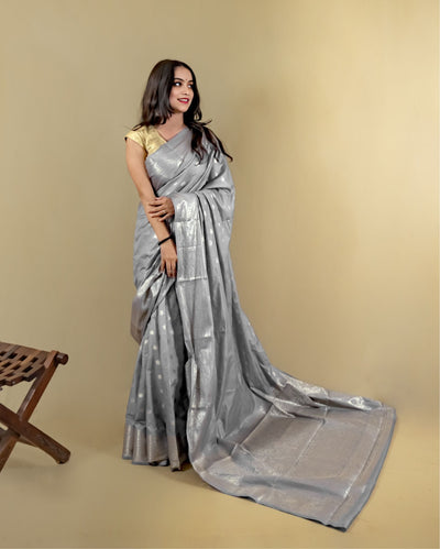 Indiehaat | Banarasi Georgette Silk Saree Gray