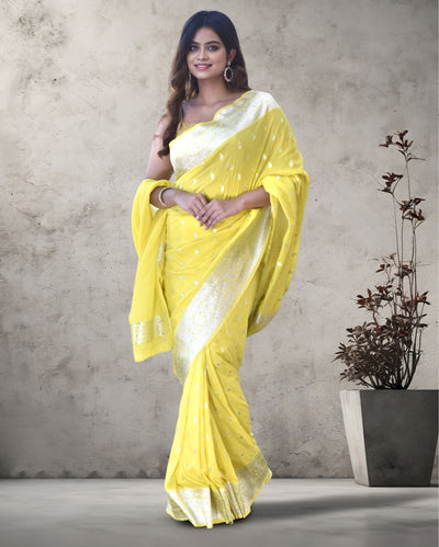 Indiehaat | Banarasi Georgette Silk Saree Yellow