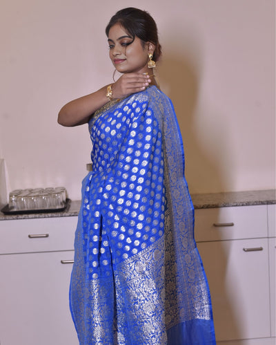 Indiehaat | Banarasi Georgette Silk Saree Blue