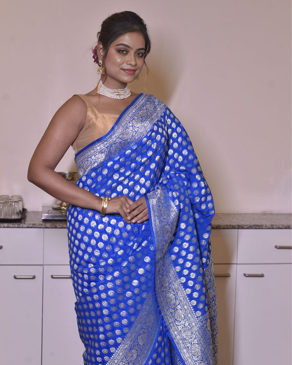 Indiehaat | Banarasi Georgette Silk Saree Blue