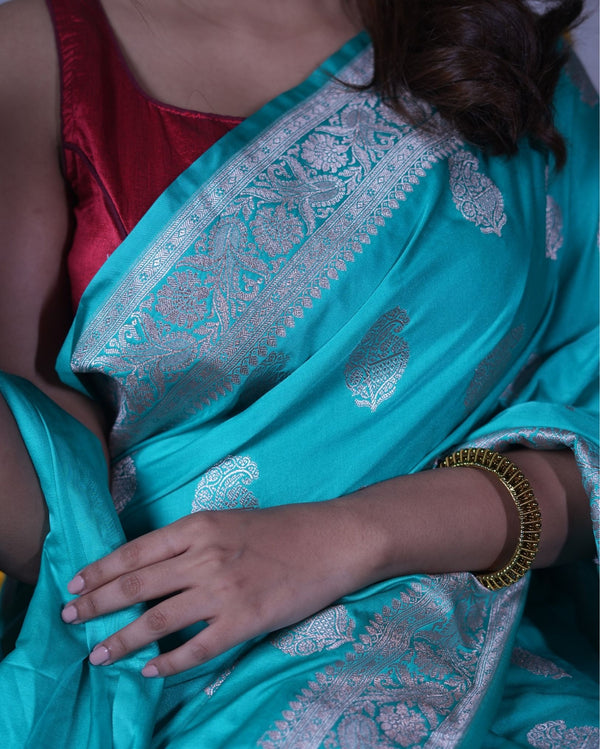 Indiehaat | Banarasi Masharoo Silk Saree Blue