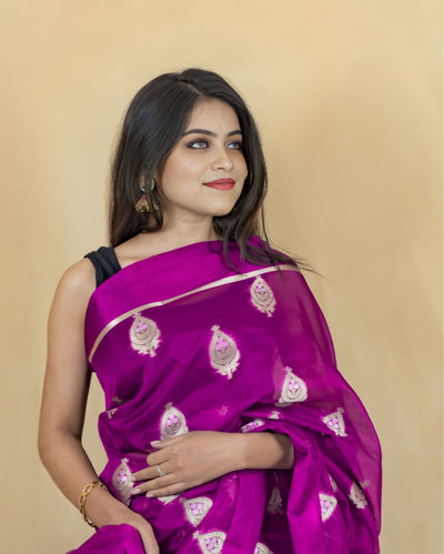 Indiehaat | Banarasi Brocade Organza Silk Saree Pink
