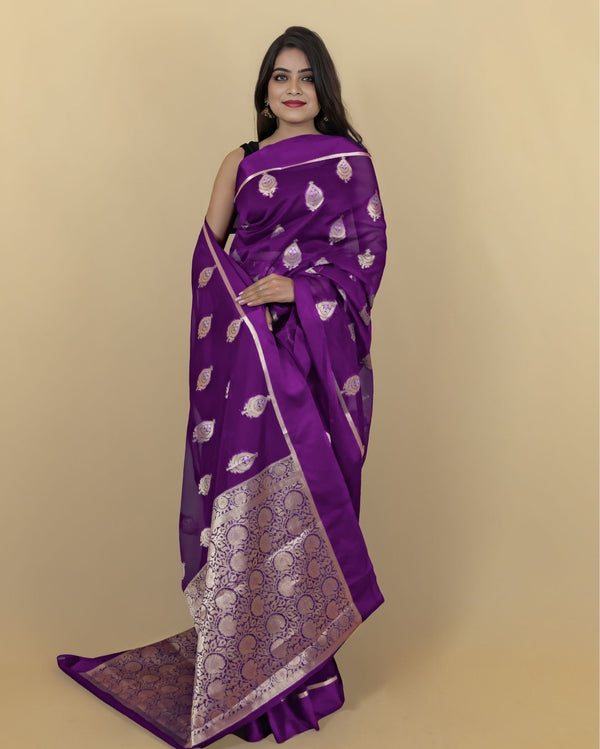 Indiehaat | Banarasi Brocade Organza Silk Saree Purple