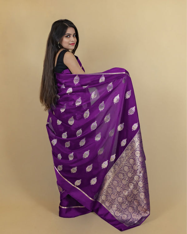 Indiehaat | Banarasi Brocade Organza Silk Saree Purple