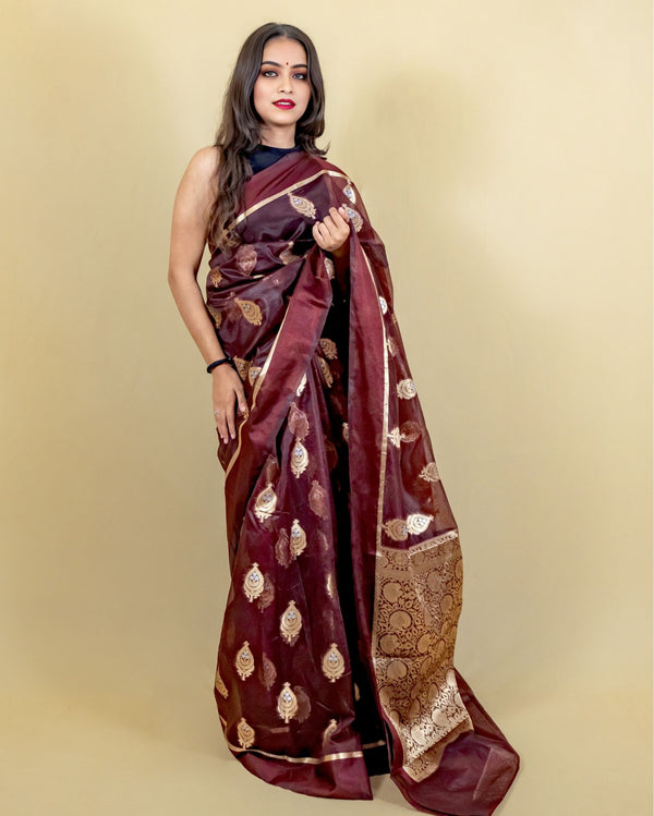Indiehaat | Banarasi Brocade Organza Silk Saree Brown