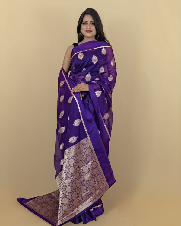 Indiehaat | Banarasi Brocade Organza Silk Saree Purple