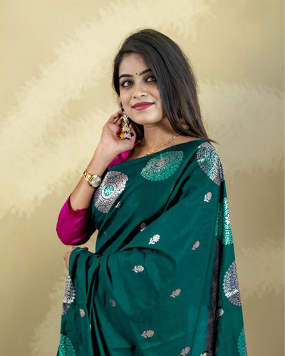 Indiehaat | Banarasi Brocade Raw Mango Silk Saree Green