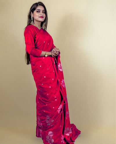 Indiehaat | Banarasi Brocade Raw Mango Silk Saree Red