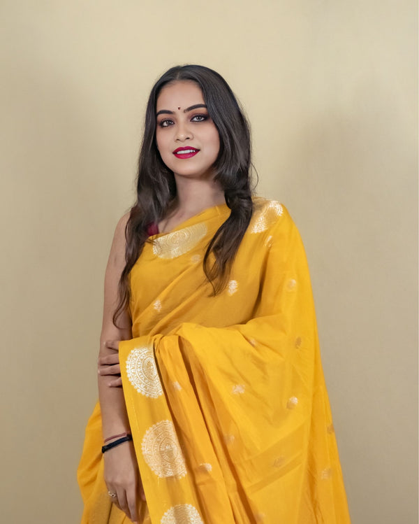 Indiehaat | Banarasi Brocade Raw Mango Silk Saree Yellow