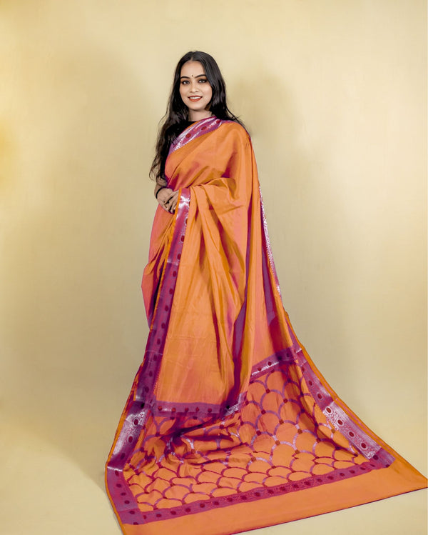 Indiehaat | Banarasi Brocade Raw Mango Silk Saree Orange