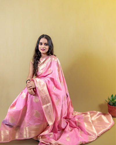 Indiehaat | Zari Banarasi Tissue Semi Silk Saree Pink