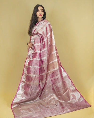 Indiehaat | Zari Banarasi Tissue Semi Silk Saree Pink