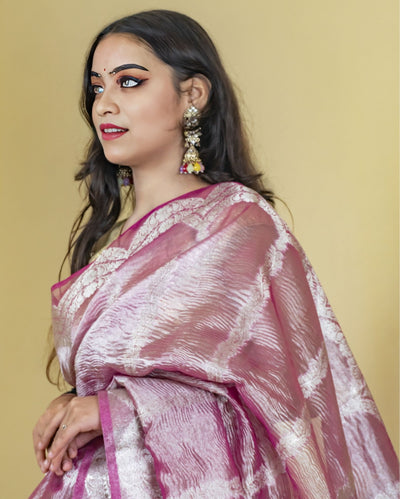 Indiehaat | Zari Banarasi Tissue Semi Silk Saree Pink