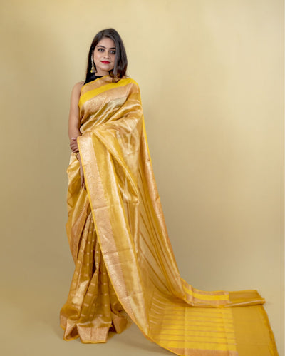 Indiehaat | Zari Banarasi Tissue Semi Silk Saree Yellow