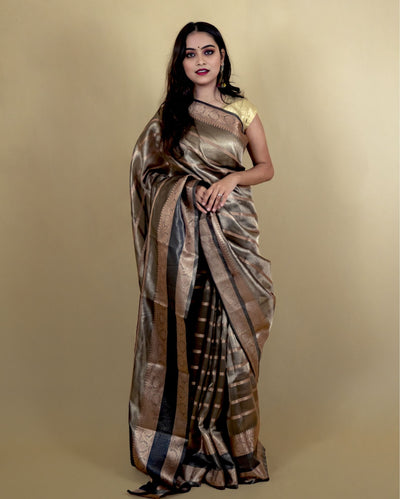 Indiehaat | Zari Banarasi Tissue Semi Silk Saree Black